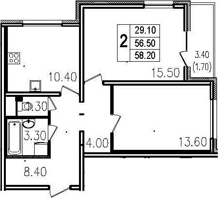 Двухкомнатная квартира 59.9 м²