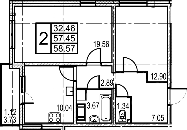 Двухкомнатная квартира 61.18 м²