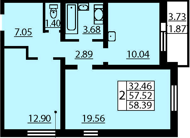 Двухкомнатная квартира 61.26 м²