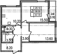 Двухкомнатная квартира 59.4 м²