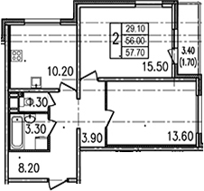 Двухкомнатная квартира 59.4 м²