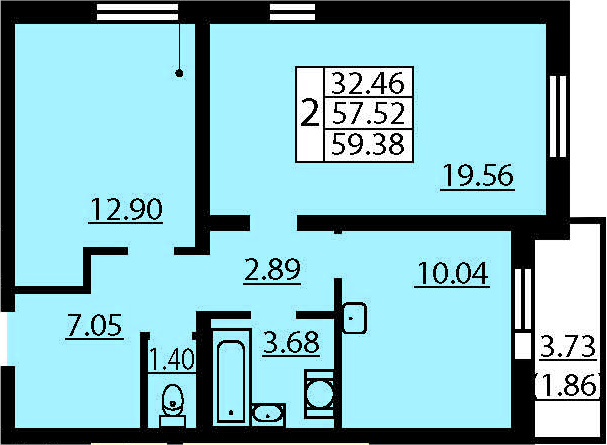 Двухкомнатная квартира 61.24 м²