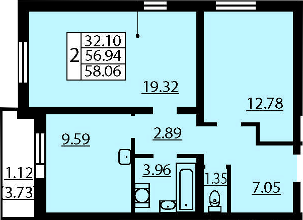 Двухкомнатная квартира 60.67 м²