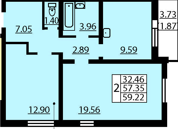 Двухкомнатная квартира 61.09 м²