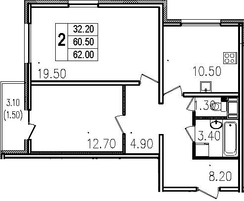 Двухкомнатная квартира 63.5 м²
