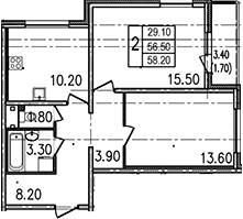 Двухкомнатная квартира 59.9 м²