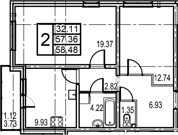 Двухкомнатная квартира 61.09 м²