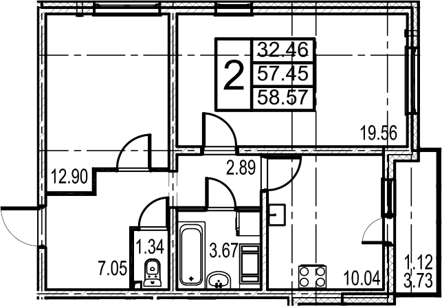 Двухкомнатная квартира 61.18 м²