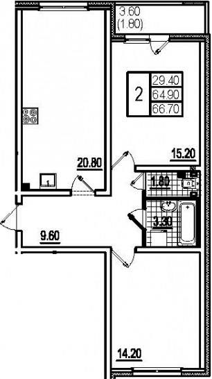Двухкомнатная квартира 68.8 м²