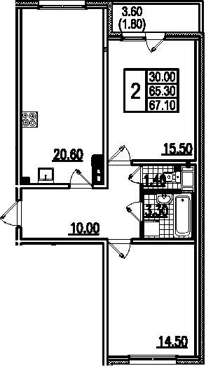 Двухкомнатная квартира 69.4 м²