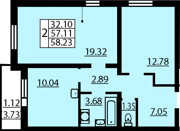 Двухкомнатная квартира 60.84 м²