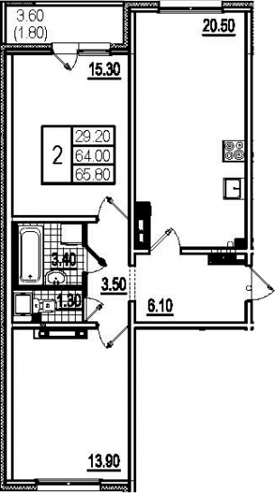 Двухкомнатная квартира 68.2 м²