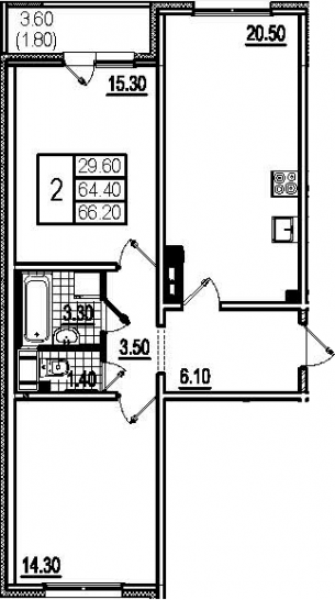 Двухкомнатная квартира 68 м²