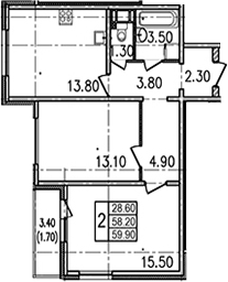 Двухкомнатная квартира 61.6 м²