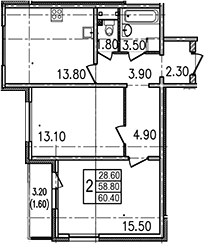 Двухкомнатная квартира 62 м²