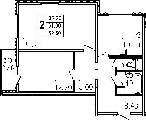Двухкомнатная квартира 64 м²