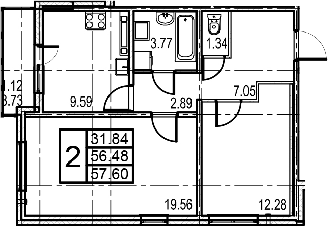 Двухкомнатная квартира 60.21 м²