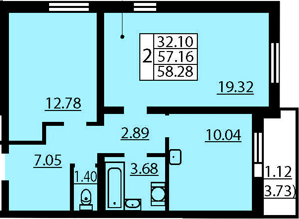 Двухкомнатная квартира 60.89 м²