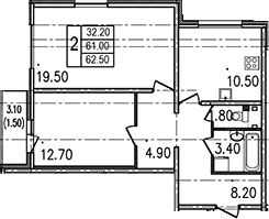 Двухкомнатная квартира 64 м²