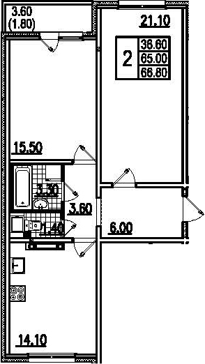 Двухкомнатная квартира 68.6 м²