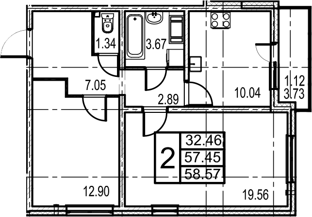 Двухкомнатная квартира 61.18 м²
