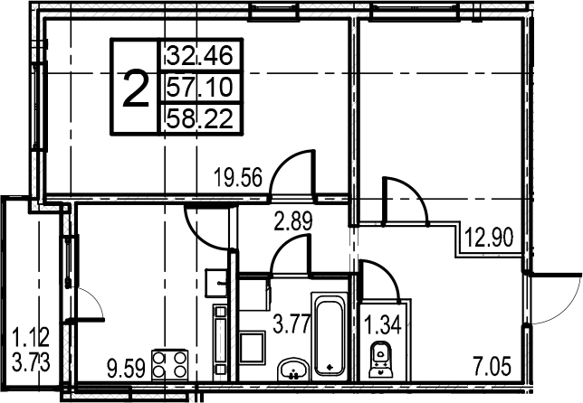 Двухкомнатная квартира 60.83 м²