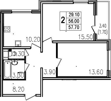 Двухкомнатная квартира 59.4 м²