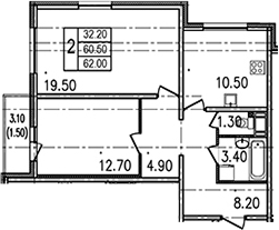 Двухкомнатная квартира 63.5 м²