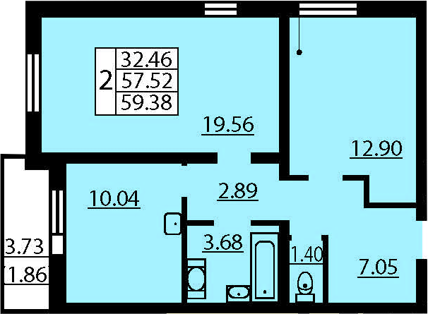 Двухкомнатная квартира 61.24 м²