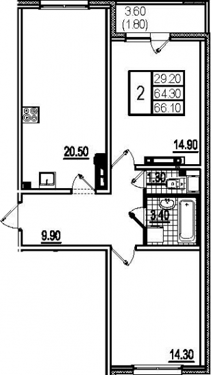 Двухкомнатная квартира 68.4 м²