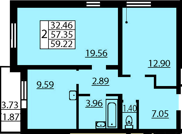 Двухкомнатная квартира 61.09 м²