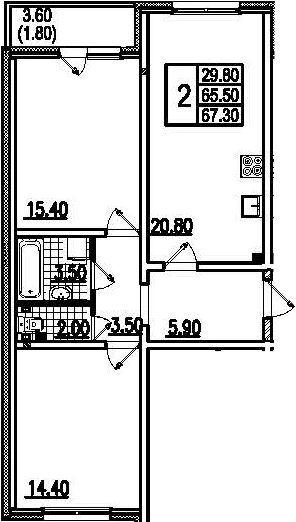 Двухкомнатная квартира 69.1 м²