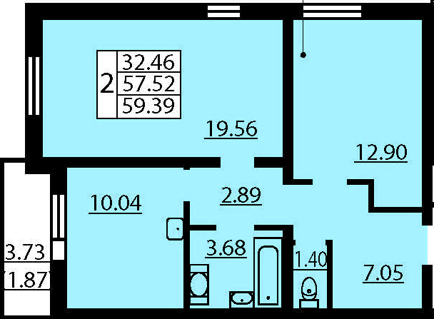 Двухкомнатная квартира 61.26 м²