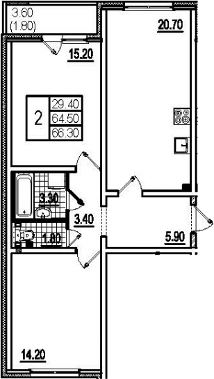 Двухкомнатная квартира 68.2 м²