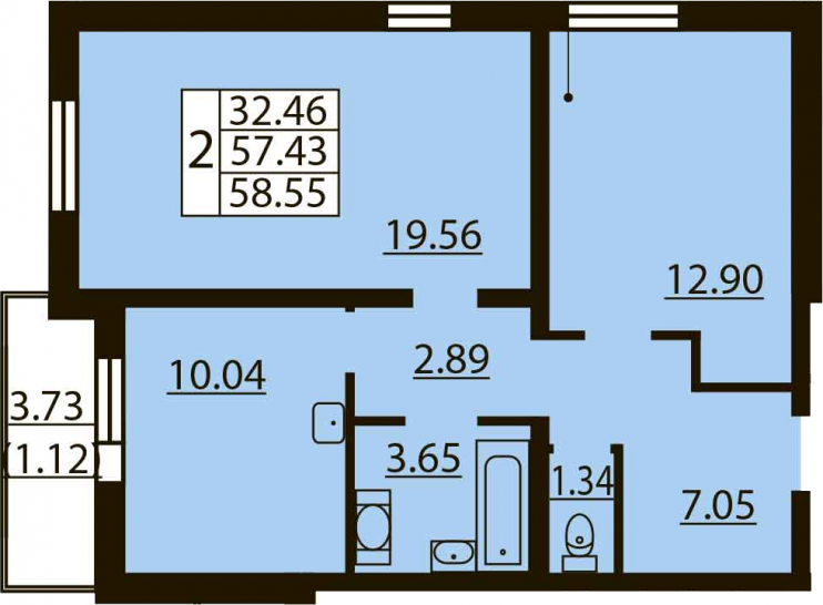 Двухкомнатная квартира 61.16 м²