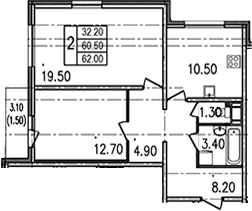 Двухкомнатная квартира 63.5 м²