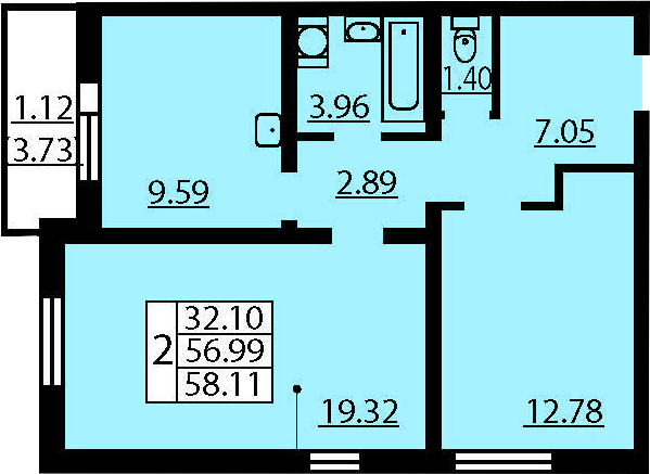 Двухкомнатная квартира 60.72 м²