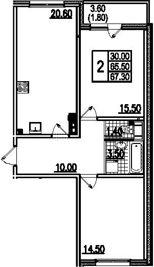 Двухкомнатная квартира 69.6 м²