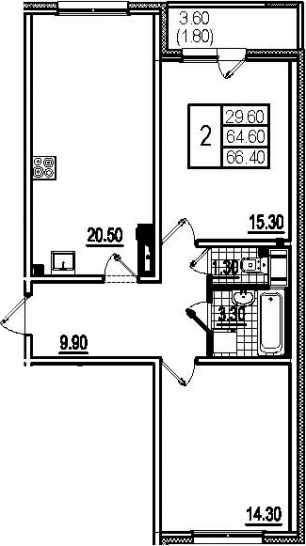 Двухкомнатная квартира 68.8 м²