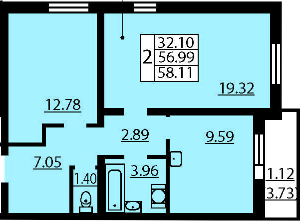 Двухкомнатная квартира 60.72 м²