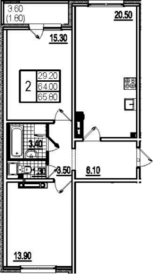 Двухкомнатная квартира 68.2 м²