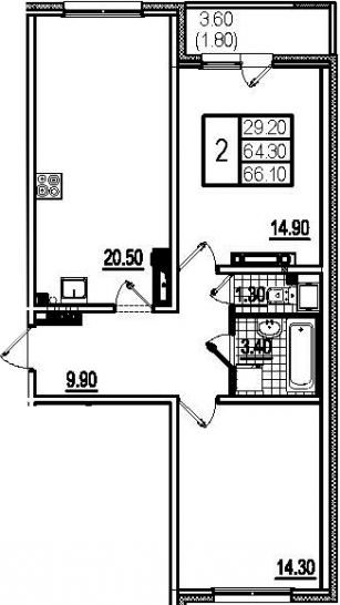 Двухкомнатная квартира 68.4 м²