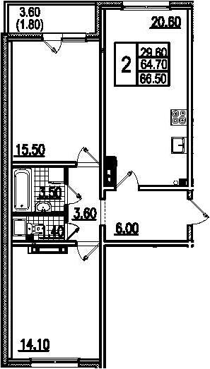 Двухкомнатная квартира 68.8 м²