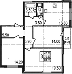 Трёхкомнатная квартира 82.5 м²