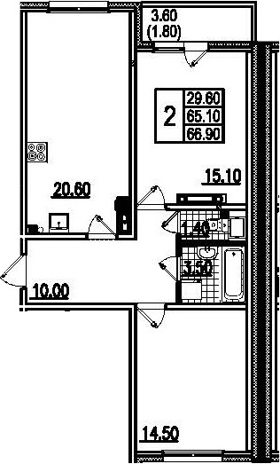 Двухкомнатная квартира 69.2 м²