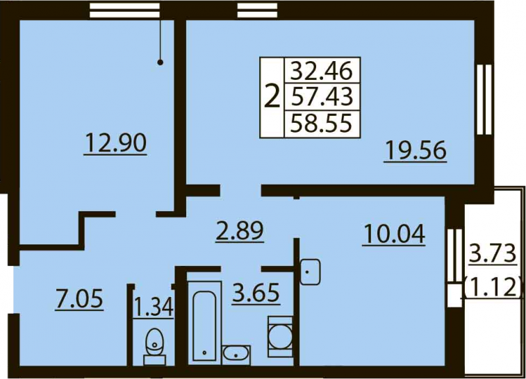 Двухкомнатная квартира 61.16 м²