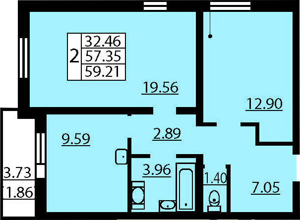 Двухкомнатная квартира 61.07 м²