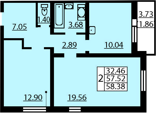 Двухкомнатная квартира 61.24 м²