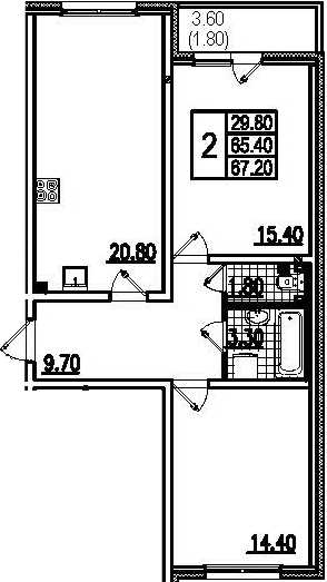 Двухкомнатная квартира 69 м²