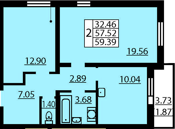 Двухкомнатная квартира 61.26 м²